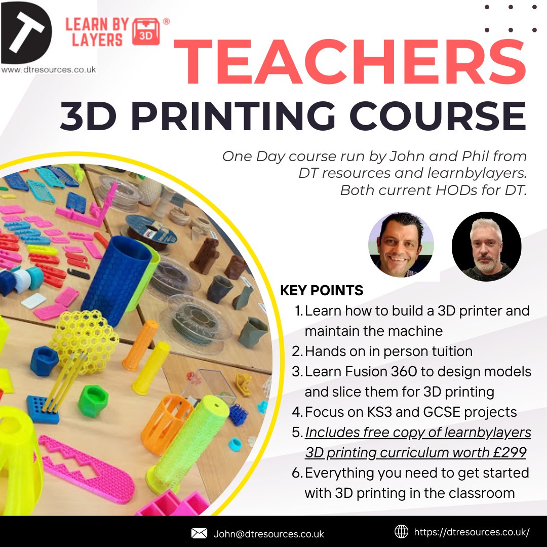 learnbylayers3D's tweet image. Elevate your professional development! Our 3D Printing Event in Bolton this April offers hands-on experience and expert-led sessions. Don&apos;t miss out on this educational journey! dtresources.co.uk #teach3dprinting #TeacherDevelopment #3DPrintingTraining #stemresources