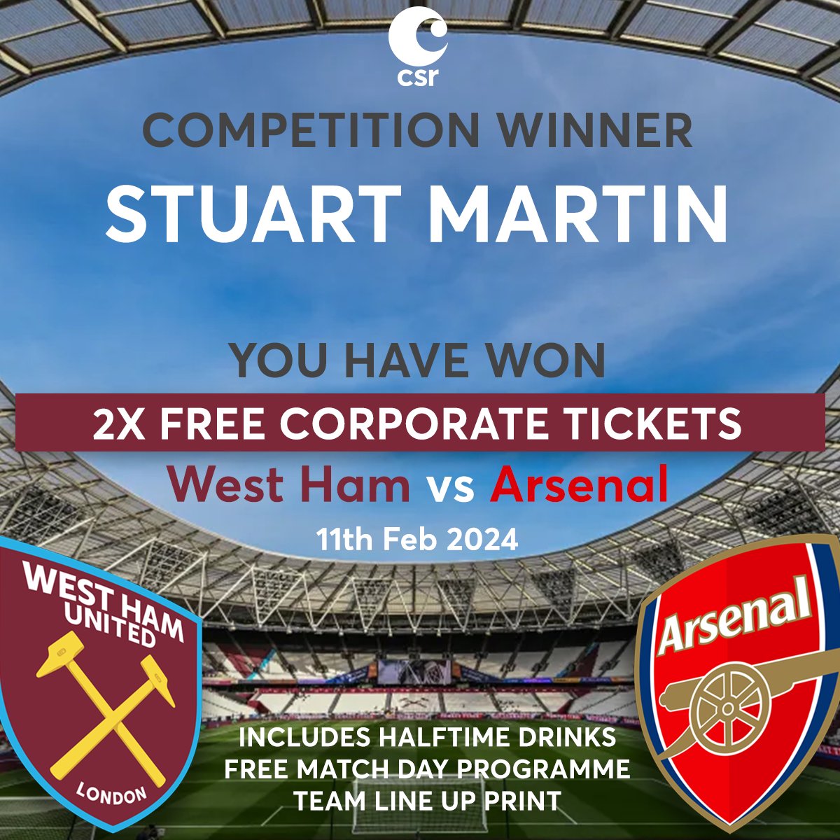 🎉 Winner Alert! 🥳 Congrats Stuart Martin! You've won 2x Free Corporate Tickets to the #LondonDerby on 11th Feb + halftime drinks, a match day programme & team line-up print! 🎟️🍹 📣 Please contact us to claim your prize! 📩 #WeAreCSR #WinnerAnnouncement