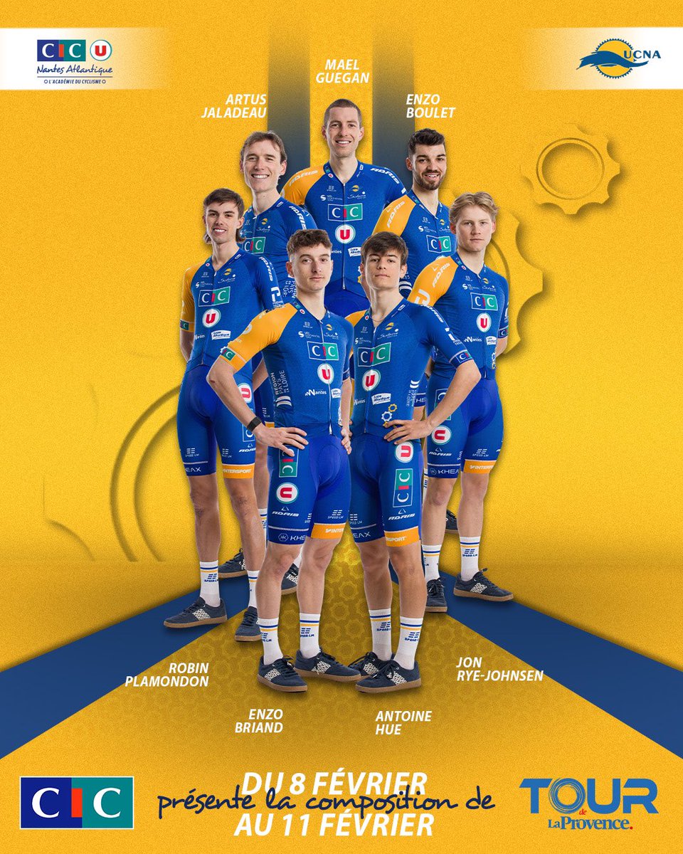 C’est au tour du CIC, l’un de nos partenaires titres de vous présenter la composition pour le tour de Provence ! 

🇫🇷 Maël Guégan
🇫🇷 Antoine Hue
🇫🇷 Enzo Boulet
🇨🇦 Robin Plamondon
🇫🇷 Enzo Briand
🇫🇷 Jon Rye-Johnsen
🇫🇷 Artus Jaladeau