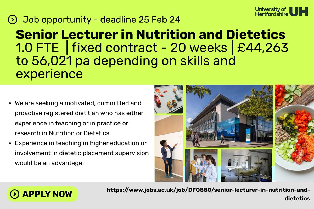 Exciting opportunity to join our wonderful team as a Senior Lecturer in Nutrition and Dietetics - fixed term for 20 weeks. Apply now - jobs.ac.uk/job/DFO880/sen… #dietitian #dietitianjobs @BDA_Dietitians