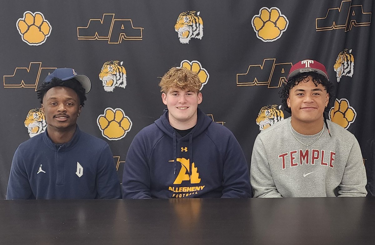 Football News: Three Tigers sign National Letters of Intent to play college football. Khiryn Boyd (@DuqFB), Jack Pingpank (@AlleghenyFB) and Tyree Alualu (@Temple_FB). 🔗- athletics.northallegheny.org/news/three-tig…