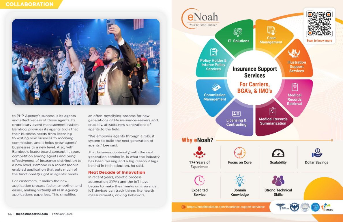 enoahisolution's tweet photo. Excited to share that eNoah has collaborated with @PHPAgency, one of the fastest-growing #financialservices companies in the US, to showcase our #IT and #Insurance Support Offerings in the latest edition of @bossmagmedia . Read more: https://t.co/XBZmichsR6 #PHPAgency #eNoah https://t.co/UBPOpPCNfZ