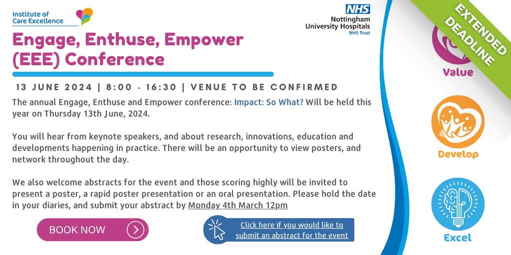 🫵This is your chance! @nottmhospitals Engage, Enthuse, Empower (EEE) Conference for 2024 is on 13th June! Book your place here: bit.ly/3Z19uMQ Please submit your abstract on the intranet (the link is also on the website above)! Deadline: 4th March at 12pm #NUHEEE2024