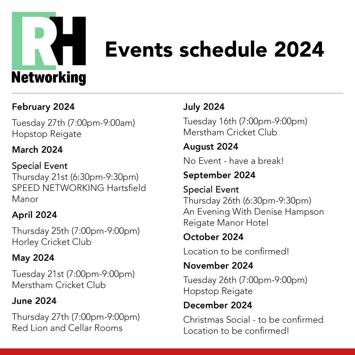 RedhillGuild's tweet photo. If you are looking for new networking opportunities locally, our friends at RH Networking have announced their calendar of events for 2024.
#Netwkorking #BusinessNetworking #RHNetworking #Redhill
@RBBCbusiness https://t.co/75qu2gNEvZ