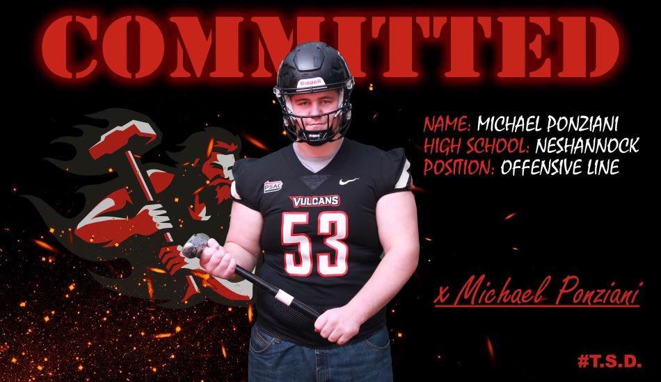 I’m excited and honored to announce I will be furthering my academic and football playing career at <a href="/VulcanFootball/">California (PA) Vulcan Football</a>. Thank you to all of my coaches, family, and friends that helped in giving me these opportunities <a href="/Coach_BMcClain/">Coach Bob McClain</a> <a href="/CoachGaryDunn/">Gary Dunn</a> <a href="/CoachFiasco/">Joe Fiasco</a> <a href="/coachmo76/">coach mo</a>