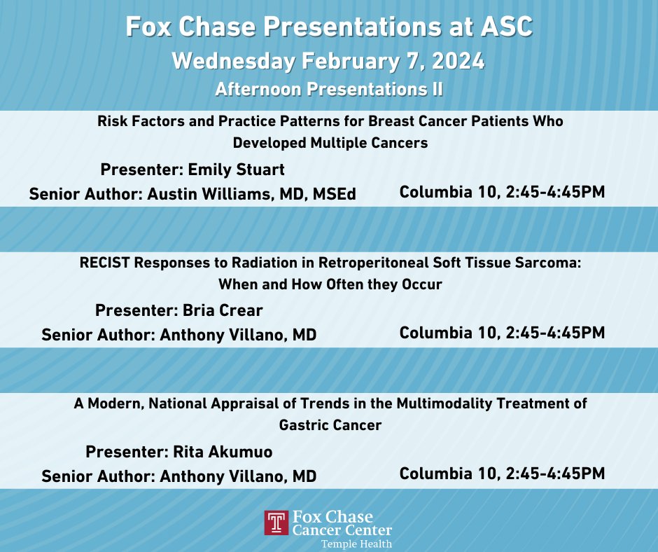 Afternoon Fox Chase Cancer Center and <a href="/templemedschool/">Temple Med School</a> presentations at #ASC2024! <a href="/adwilliams5/">Austin D. Williams, MD MSEd FACS</a> <a href="/AMVillanoMD/">Anthony Villano, MD</a> <a href="/SanjaySReddy/">Sanjay S. Reddy</a> <a href="/stephaniehgreco/">Stephanie Greco, MD</a> <a href="/lindsaykuo/">Lindsay Kuo, MD MBA FACS</a>