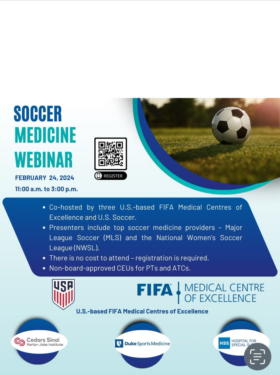 Please join US!! As we @ussoccer partner with our key @FIFAMedical 🇺🇸 partners in offering a collaborative ⚽️ medical webinar! Health Medical & Safety for all of our players at all levels and abilities @USYNT @ussoccer_ENT @USWNT @USMNT