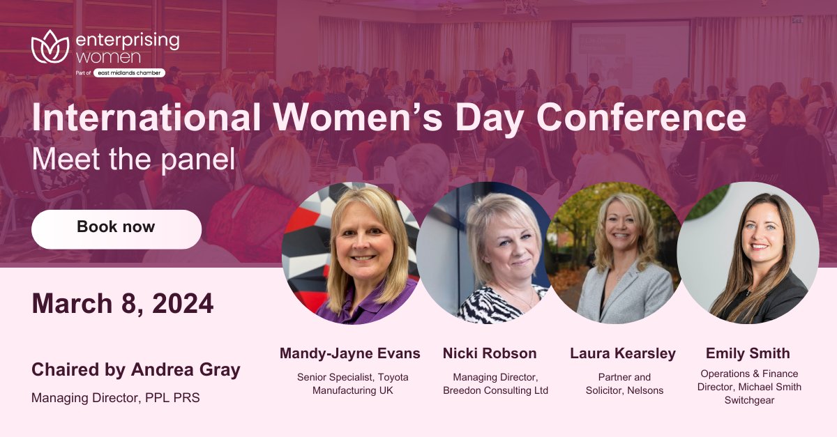 We are delighted to reveal our #ChamberEW #IWD2024 event panel, chaired by @pplprs Andrea Gray: 🎗 Mandy-Jayne Evans, @ToyotaMotorCorp 🎗 Nicki Robson, @BreedonHr 🎗 Laura Kearsley, @Nelsons_Law 🎗 Emily Smith, Michael Smith Switchgear Ltd Book now >>> tinyurl.com/n4xrax3r
