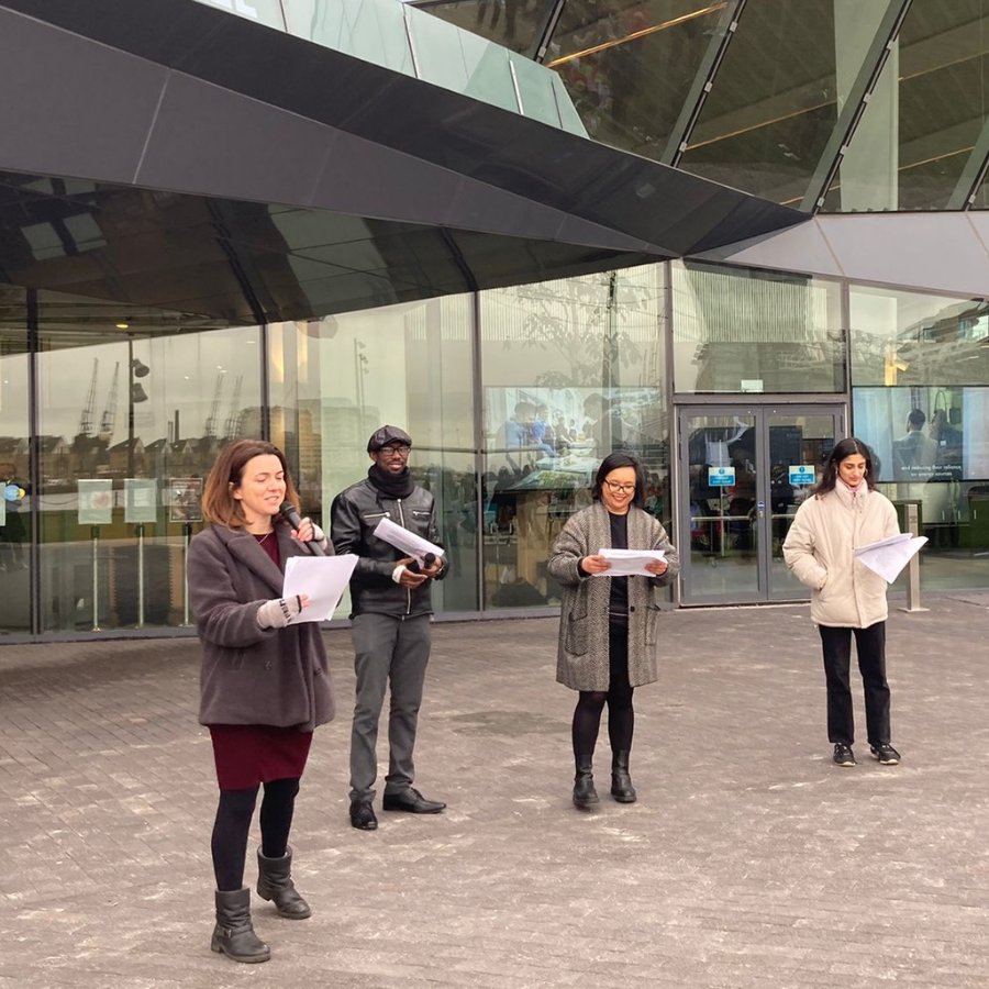 People seeking asylum get only £8.86 a week &amp; can't afford bus fares in London. This takes a huge toll on their mental health and isolates them. Outside the city hall today, we urged <a href="/SebDance/">Seb Dance</a> to make buses free for those seeking asylum. shorturl.at/rAKTU

#roomonthebus4us