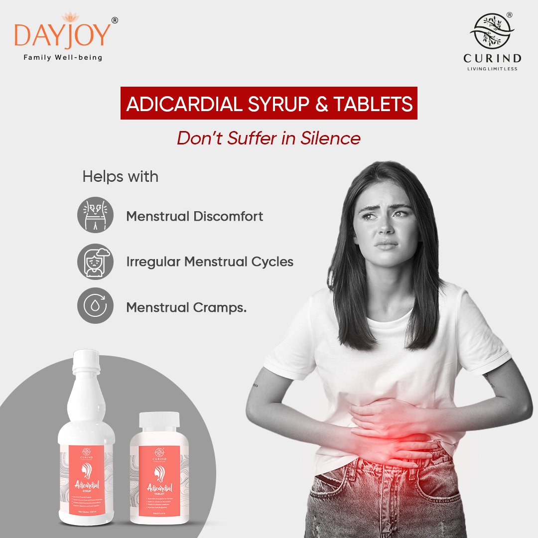 Dayjoy_India's tweet image. Don't endure in silence! Adicardial Syrup &amp;amp; Tablets are your allies against menstrual discomfort. Say goodbye to cramps and irregular cycles, and reclaim your comfort with confidence. 🌸 #PeriodRelief

#AdicardialRelief #MenstrualComfort #PeriodFreedom #CycleBalance