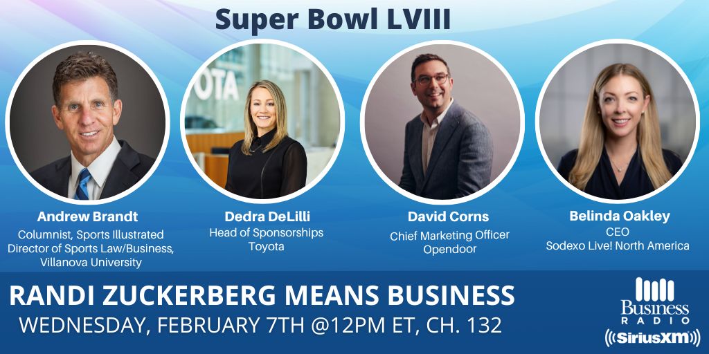 SXMBusiness's tweet photo. Today at 12pm ET - @RandiZuckerberg is LIVE with @DebSoon!

🏈#SuperBowlLVIII 🏈

🎙️@AndrewBrandt on #NFL's Las Vegas Super Bowl
🚗@Toyota - the Official NFL Auto Partner
🏘️@Opendoor on their Live Stream Super Bowl Ad
🏟️@Sodexo_live on Big-Game Hospitality

🔊#SiriusXM132🔊 https://t.co/0vWifFqMr3