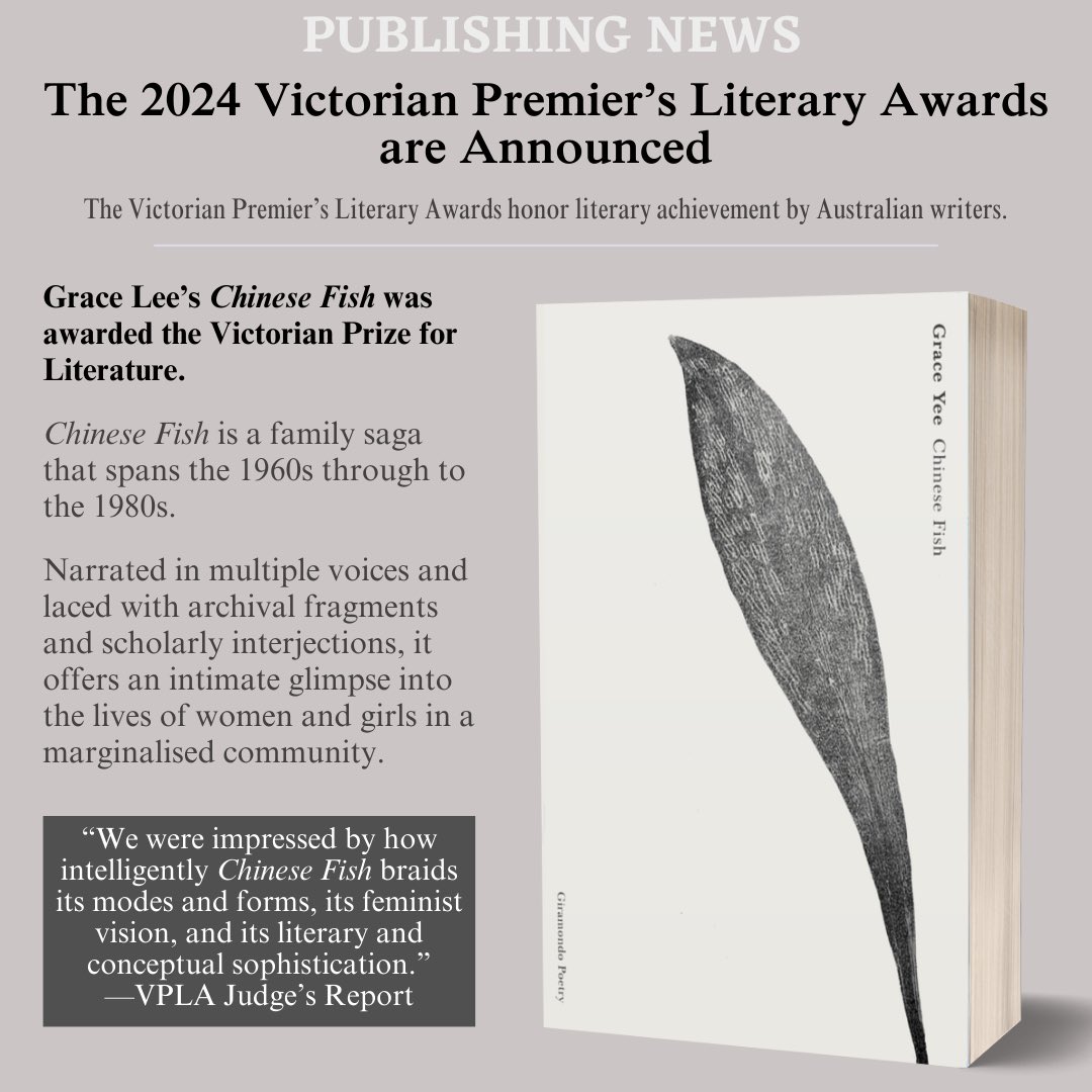 tanenbaumbooks's tweet photo. The Victorian’s Premier Literary Awards — which honor the achievements of Australian writers — have been announced! 

CHINESE FISH by Grace Lee won the poetry category, as well as the top award: The Victorian Prize for Literature🪶 https://t.co/uXiOdR0t2a