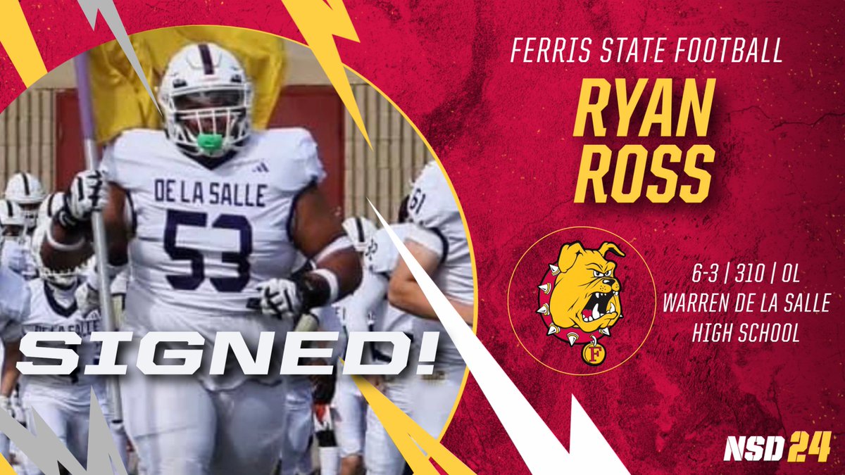 2024 SIGNEE ALERT! Outstanding offensive lineman Ryan Ross from Warren De La Salle is bringing his talents to Ferris State! Signed officially as a BULLDOG! Congrats! #FSUNSD24 @ryanross53_