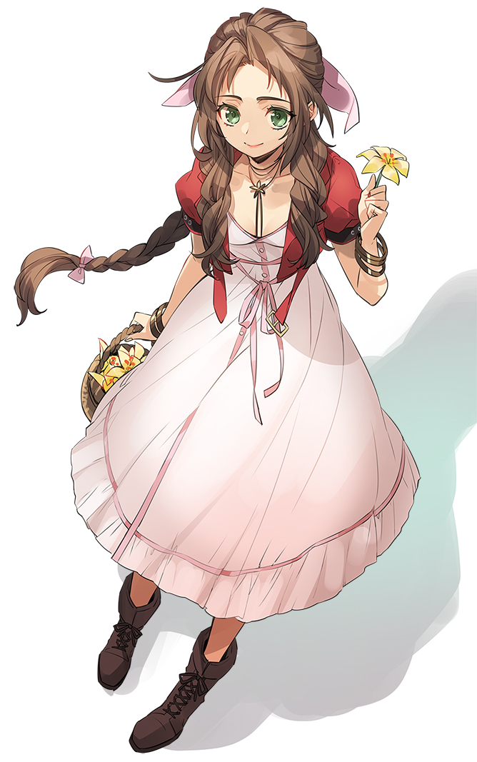 aerith gainsborough 1girl solo dress pink dress flower green eyes brown hair  illustration images