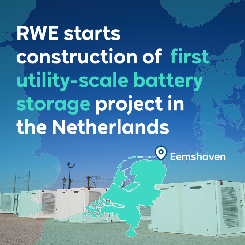RWE_AG's tweet photo. We kicked off construction of a 41 megawatt-hour storage capacity battery project in the Netherlands. Located at our Eemshaven power plant, the facility will be virtually coupled with other RWE sites in the Netherlands. Commissioning is planned for 2025.