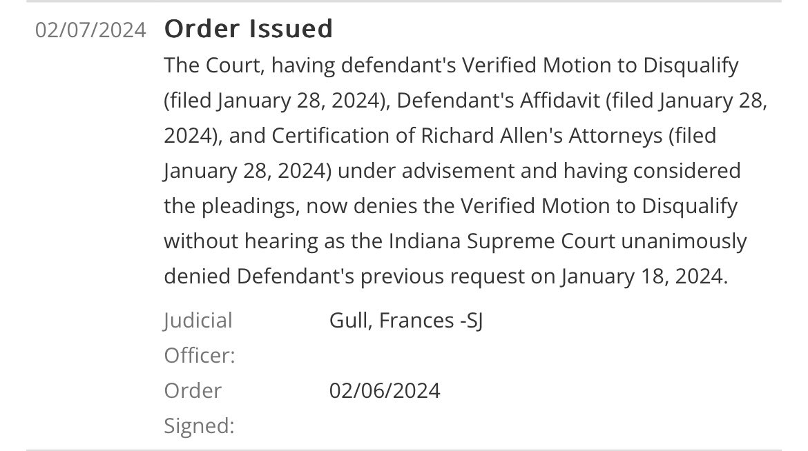 fien_X's tweet image. MOTION TO DQ DENIED

#JusticeForLibbyAndAbby
#DelphiMurders
#RichardAllen
#AllEyesOnDelphi