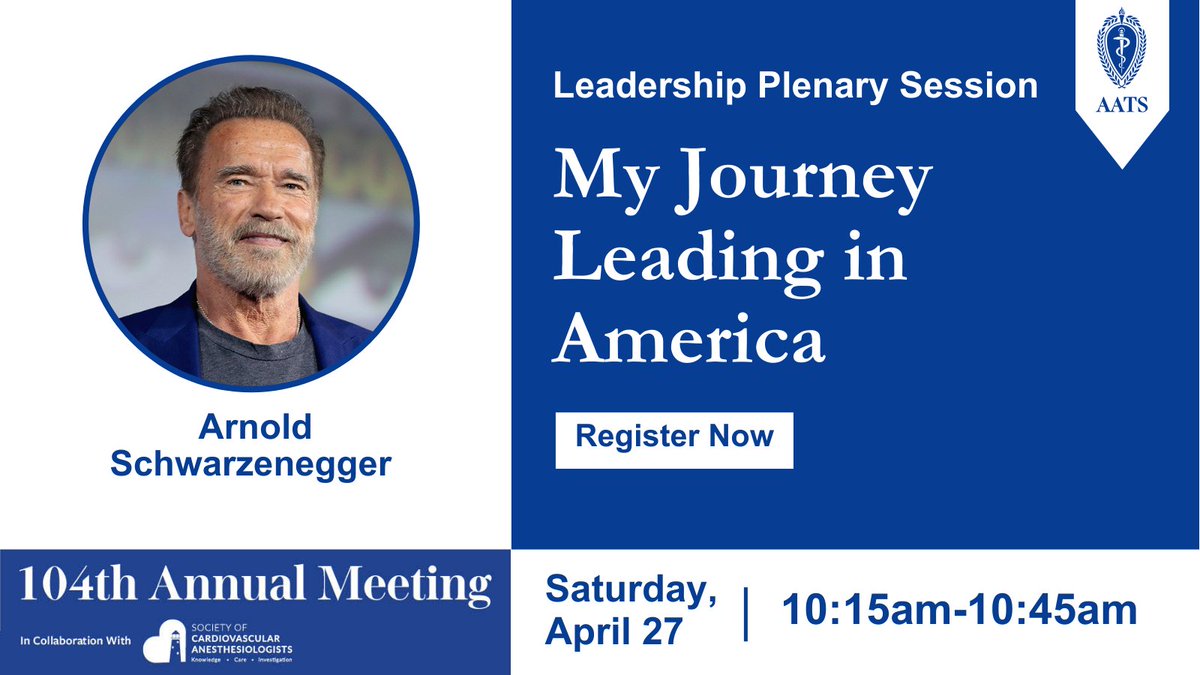 Join us at #AATS2024 to listen in on a guest lecture from global icon Arnold Schwarzenegger titled “My Journey Leading in America.” Hear @Schwarzenegger’s inspiring story in Toronto this April: events.aats.org/am24/registrat…