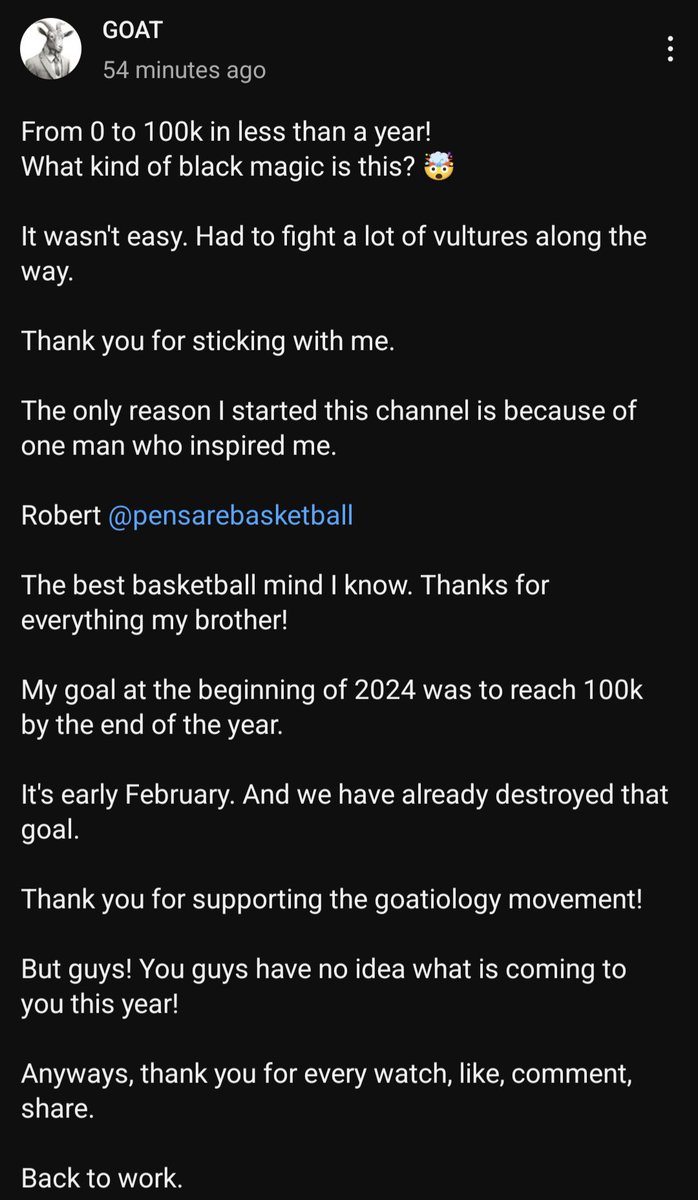 Congrats to my brother <a href="/GOATiology/">GOAT</a> on 100k subscribers. The fastest growing basketball channel on YouTube. And just like Scottie, the best is yet to come for him. 

Big shit bro. Keep going. And always, thank you for your support.

#Raptors #Spurs #Wemby #Heat