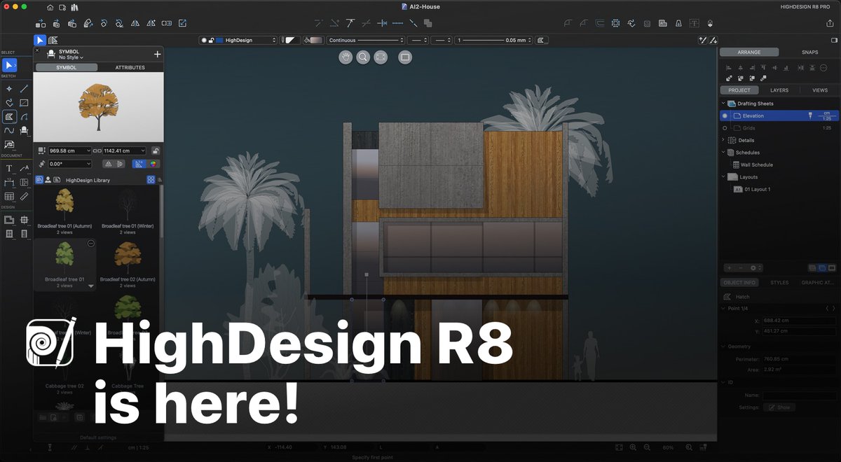 HighDesignCAD's tweet photo. We're excited to announce the release of HighDesign R8! 🚀🎉

✔️ Up to 2X faster!
✔️ Tables w/ Excel support
✔️ Interactive Schedules
✔️ Redesigned symbols w/ visual browser
✔️ More powerful architecture tools

Architecture &amp; Design. Mac+Win.

Get started https://t.co/nGuBbMnpvL https://t.co/GsqbzW2Vxs