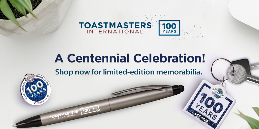 Celebrate this milestone year in style with limited-edition 100th anniversary memorabilia! Explore the collection featuring 100 Years pen, pin, keychain, ribbon, and t-shirt. Start shopping today: toastmasters.org/100YearsStore💯🛒🛍 #Toastmasters100Years