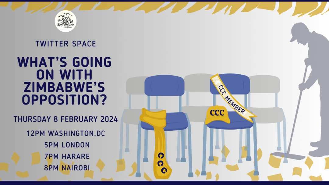 ResistBureau's tweet photo. 🚨Thursday Twitter Space🚨

Join us at 12PM EDT / 7PM #Zimbabwe time tomorrow for a discussion with @EdsonZiso, @drDendere, @glanyline, @daddyhope and @DrStephenChan about the state of opposition politics and what it means for citizens. Set your reminder:

https://t.co/XDnAuL6Mmb https://t.co/SDdldXhMBj