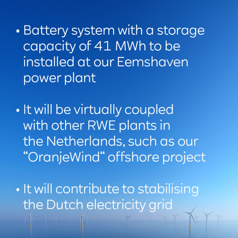 RWE_AG's tweet photo. We kicked off construction of a 41 megawatt-hour storage capacity battery project in the Netherlands. Located at our Eemshaven power plant, the facility will be virtually coupled with other RWE sites in the Netherlands. Commissioning is planned for 2025.