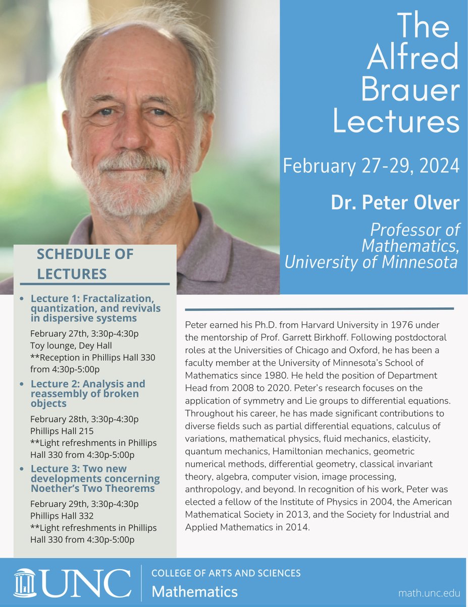 uncchmath's tweet image. We hope to see you at our annual Alfred Brauer Lecture Series in February! Abstracts are available at math.unc.edu/events/brauer-…
