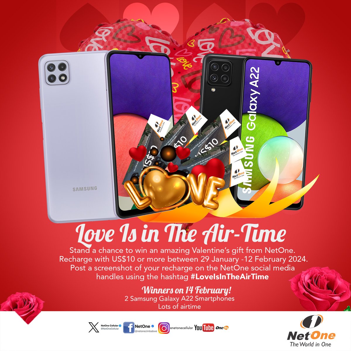 Love is calling, and it's in the airtime. Simply recharge with USD10 airtime, data, or more either via recharge voucher or OneMoney/ Bank, send the screenshot of the recharge and tag at least 5 people to win one of the two Samsung Galaxy A 22 Smartphones and lots of airtime.🎁✨