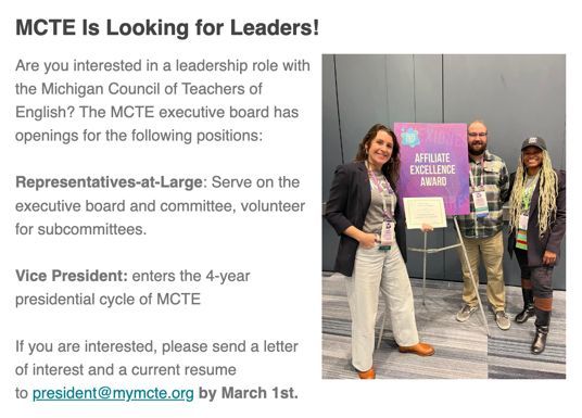 MCTE_MI's tweet photo. MCTE is looking for leaders! 👏 👏
Is that you? Join our executive committee to connect, learn, and lead!
with @cmattern21, @JessycaMathews, @AndreaZellner, @bnjmn_k_wdcck
#NCTEchat #NCTEVillage #Miched https://t.co/OZrZoH9CYr