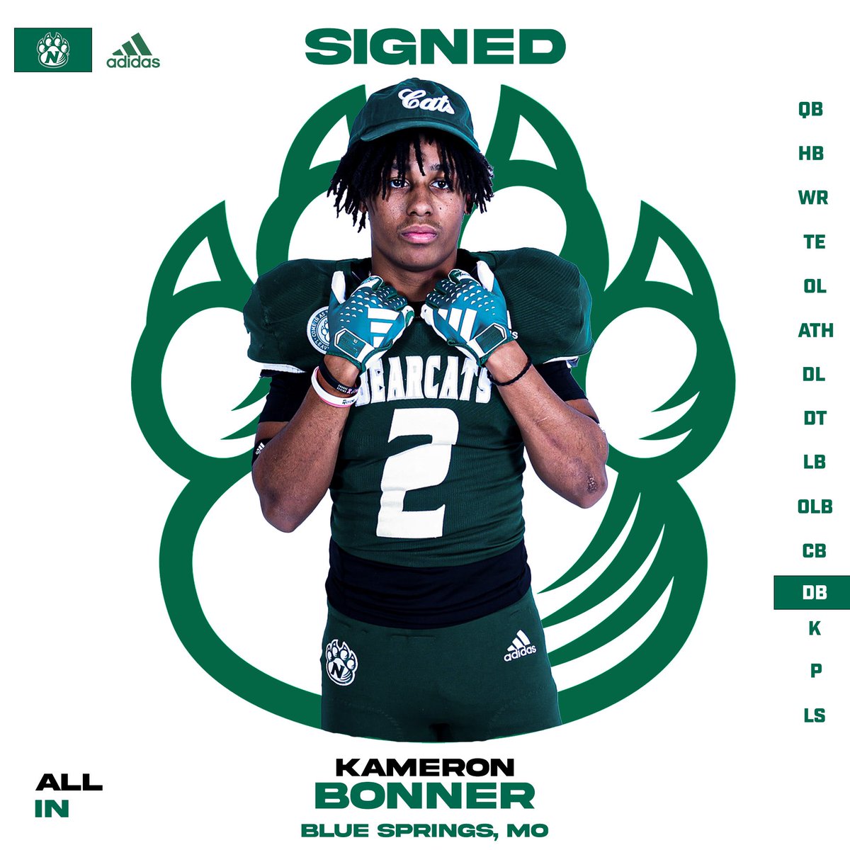 NWBearcat_FB's tweet photo. Joining the culture. Welcome to the ‘Ville, Kameron!

✅SIGNED: Kameron Bonner

📐5’11 170
🏈 Defensive Back
📍Blue Springs, Missouri

#ALLIN24 | #NSD24 https://t.co/lHSZw2b1VS