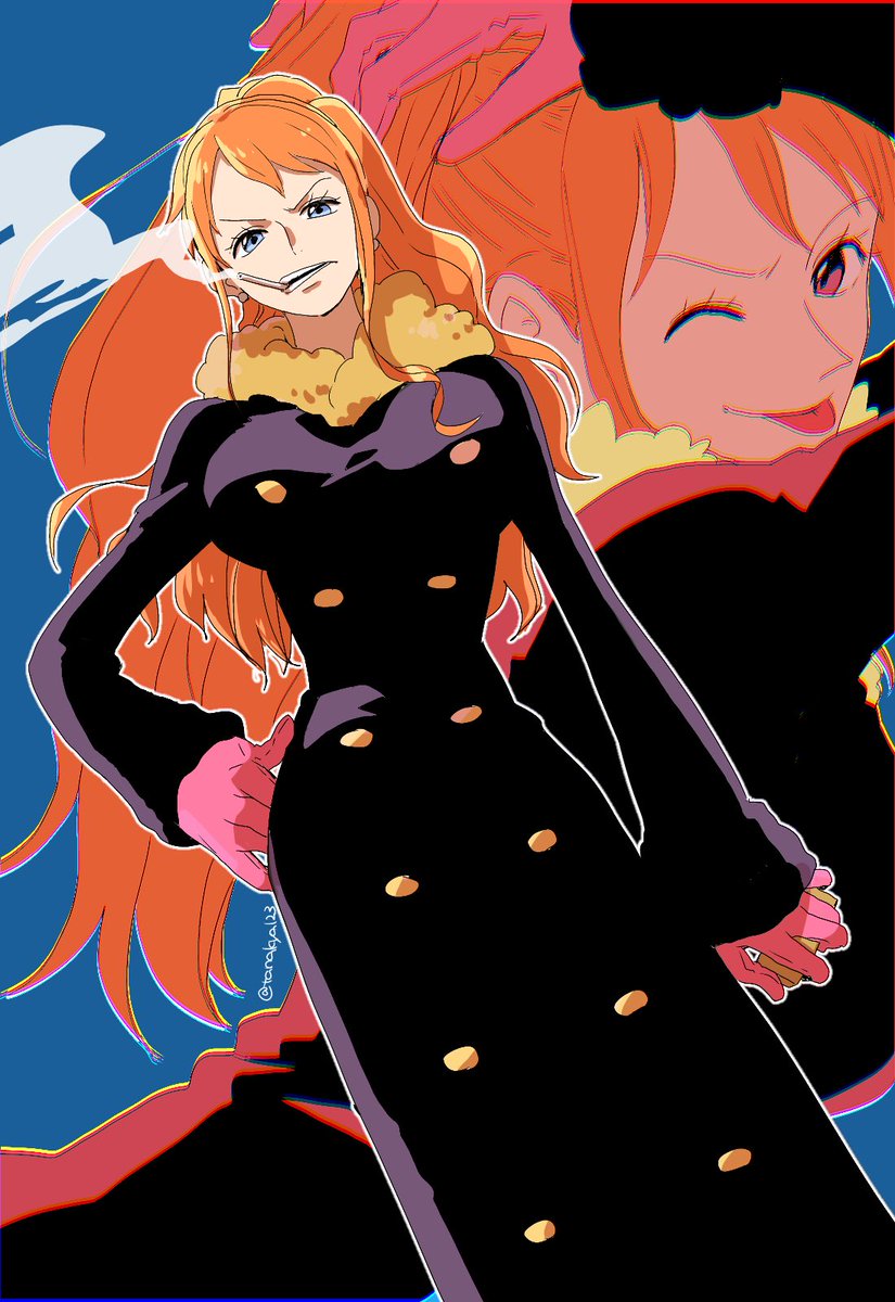 nami (one piece) 1girl orange hair smoking cigarette long hair one eye closed coat  illustration images