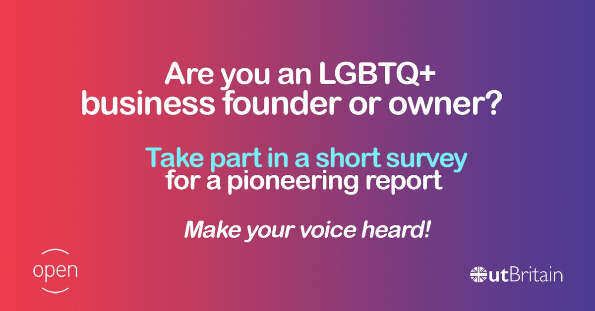 Open2Progress's tweet image. Are you an #LGBTQ+ entrepreneur in the UK? Then please complete a brief, anonymous survey. Our findings will highlight the huge contribution businesses like yours make, and the unique challenges LGBTQ+ #entrepreneurs face. Please RT @msd_uk lgbtqbusinessescount.forms.app/survey2