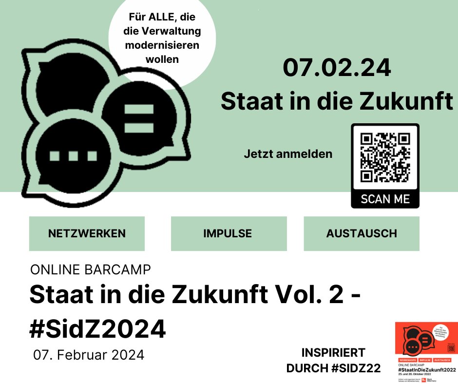 Christian Graf @_cgraf_@norden.social (@_cgraf_) on Twitter photo Das #Barcamp "Staat in die Zukunft 2024" für alle jene, die gemeinsam die #Verwaltung modernisieren wollen. Ich war bei der ersten Runde heute Vormittag dabei, richtig gut dort (u.a. mit Grußwort von @cio_bund und vielen Leute aus der operativen Ebene des Bundes). #SidZ2024 Das #Barcamp "Staat in die Zukunft 2024" für alle jene, die gemeinsam die #Verwaltung modernisieren wollen. Ich war bei der ersten Runde heute Vormittag dabei, richtig gut dort (u.a. mit Grußwort von @cio_bund und vielen Leute aus der operativen Ebene des Bundes). #SidZ2024