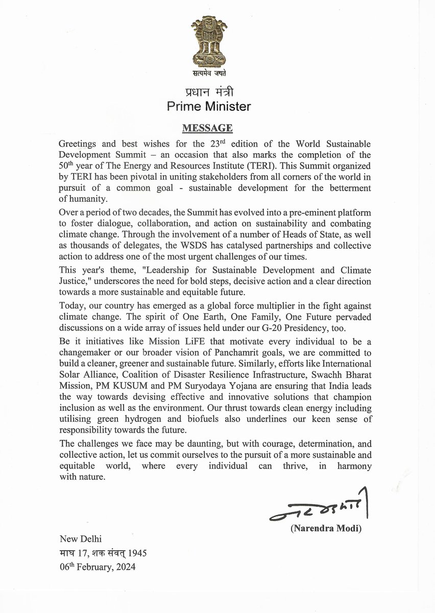 '#WSDS has catalysed partnerships and collective action to address one of the most urgent challenges of our times,' writes Shri @narendramodi, Prime Minister, India, in his message for #WSDS2024. @PMOIndia @moefcc #Act4Earth