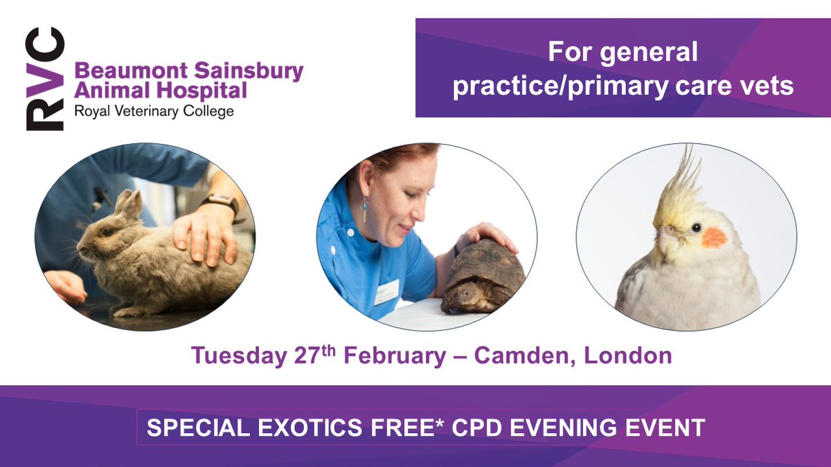 Are you a GP vet that handles exotic animal cases?
Want top tips from our RVC Exotics Service? 
🐇 Latest about E. cuniculi 
🐍 Tackling common avian/reptile issues
🦜Handling critical bird cases plus Q &amp; A session
📅  Tue 27 Feb 2024 In person - London
rvc.uk.com/exotics-vet-ev…