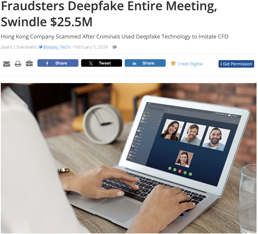 ALERT: Hackers exploited a video conferencing meeting with Deepfake technology, costing $25.5M. Protect your company’s meetings with Zerify's Secure Video Conferencing platform. Don't risk a corporate data breach and a financial nightmare. $ZRFY #SecureVideoConferencingMeetings