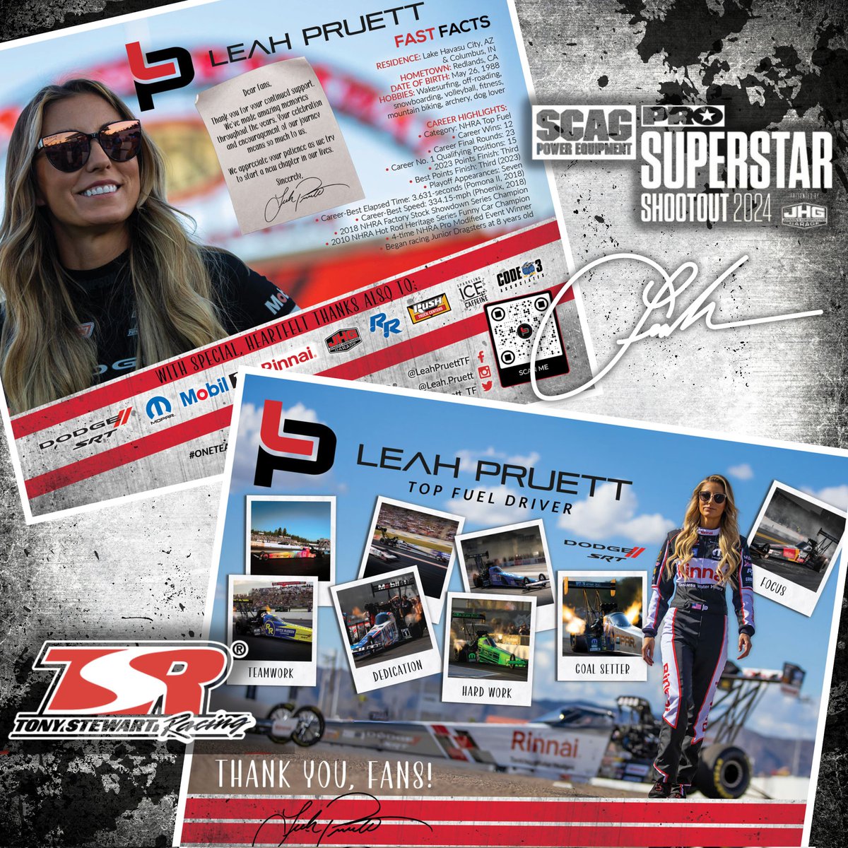 A special race deserves a special autograph card for the fans. This limited edition hero card will be available for fans in person this week at the SCAG PRO Shoutout. @TSRnitro @jhgdriven @Dodge @OfficialMOPAR