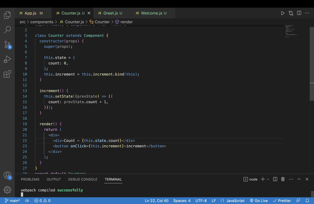 DhruvKathrotiya's tweet image. Counting my way through &quot;Day 4&quot; of #50DaysofLearningReact  🌐
Today&apos;s focus: state and setState. Built a little counter component💥 
#React #StatefulComponents #webdevelopment