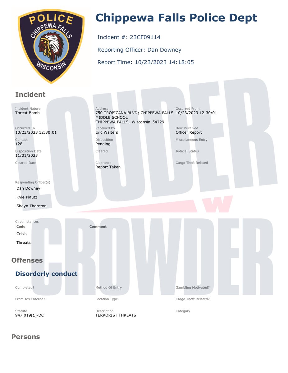 scrowder's tweet photo. BREAKING: Police Report Confirms “Columbine” Style Mass Shooting Plans Found in @ChippewaFallsSD Student’s “Manifesto”; Specifically Wanted to “Kill” Christians, Jocks, And Preppy Girls with ‘Pipe Bombs’ and ‘Automatic Assault Rifles’; School District Failed to Notify Parents For More Than Three Months

“I plan to use this to kill multiple students at my school.”

“I will kill all the fucking jocks and those f*cking preppy sh*t-headed f*cking girls.”

“I want to kill every old man and woman who has claim to the father, son, and holy spirit.”

“I think that all preparation will be done towards the end of the school year.”