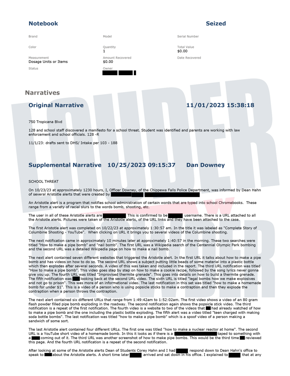 scrowder's tweet photo. BREAKING: Police Report Confirms “Columbine” Style Mass Shooting Plans Found in @ChippewaFallsSD Student’s “Manifesto”; Specifically Wanted to “Kill” Christians, Jocks, And Preppy Girls with ‘Pipe Bombs’ and ‘Automatic Assault Rifles’; School District Failed to Notify Parents For More Than Three Months

“I plan to use this to kill multiple students at my school.”

“I will kill all the fucking jocks and those f*cking preppy sh*t-headed f*cking girls.”

“I want to kill every old man and woman who has claim to the father, son, and holy spirit.”

“I think that all preparation will be done towards the end of the school year.”