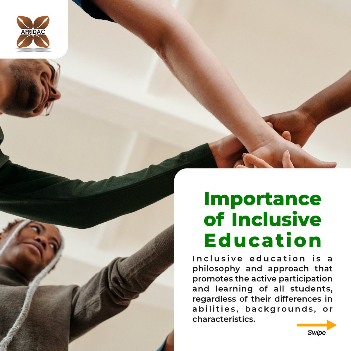 afridac1's tweet photo. Education is the foundation of a society, and #inclusiveeducation is the cornerstone of a progressive and #equitablefuture. 

It promotes #diversity, fosters empathy, and creates a sense of belonging for all individuals. Let's work together to embrace the beauty of difference. https://t.co/7vlhoU18ro