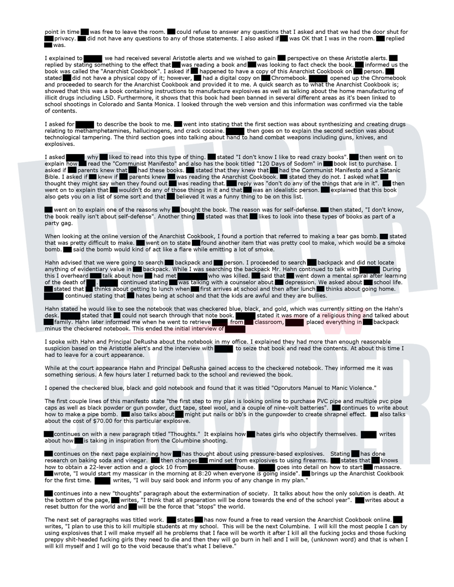 scrowder's tweet photo. BREAKING: Police Report Confirms “Columbine” Style Mass Shooting Plans Found in @ChippewaFallsSD Student’s “Manifesto”; Specifically Wanted to “Kill” Christians, Jocks, And Preppy Girls with ‘Pipe Bombs’ and ‘Automatic Assault Rifles’; School District Failed to Notify Parents For More Than Three Months

“I plan to use this to kill multiple students at my school.”

“I will kill all the fucking jocks and those f*cking preppy sh*t-headed f*cking girls.”

“I want to kill every old man and woman who has claim to the father, son, and holy spirit.”

“I think that all preparation will be done towards the end of the school year.”