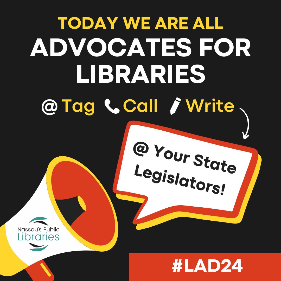 Today on Library Advocacy Day, we're all advocates for libraries! Please take a moment to call, write, and tag your state legislators on social media to let them know that New Yorkers deserve appropriately funded libraries. #LibraryAdvocate #LAD24 #NassauLibraries
