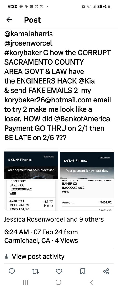SuperWoman26245's tweet photo. @KamalaHarris
@JRosenworcel #korybaker 
@Kia
There are 4 SCREENSHOTS in the post ABOVE that I'm commenting on and NOT only 2 like it is being HACKED to look like by @X https://t.co/QqDP5IVzBY