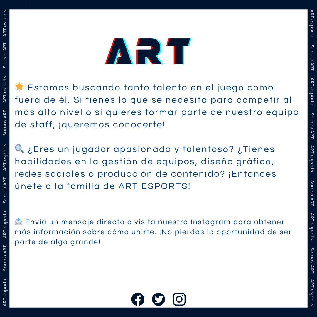 ART_Esportss's tweet photo. 🎮 ¡Estamos de vuelta y listos para la acción! 🚀 Después de un merecido descanso, el equipo ART ESPORTS regresa con más energía que nunca. ¡Es hora de volver a brillar en el mundo de los esports! https://t.co/4vlZVhf6T4