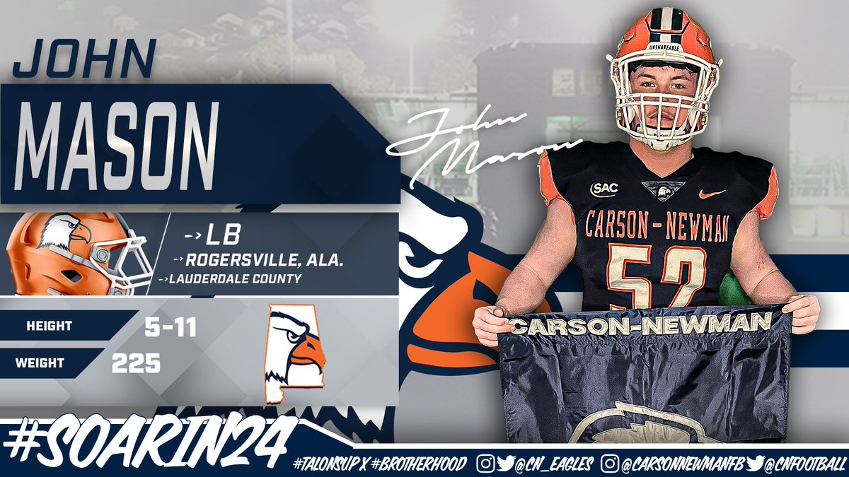 CN_Eagles's tweet photo. 🖋️ #️⃣1️⃣4️⃣

John Mason – 5-11 – 225 – LB – Rogersville, Ala. – Lauderdale County - @Jdmas0n 

📋 https://t.co/jA89YsZfJh

#CNNSD24 #SoarIn24 | #TalonsUp x @cnfootball https://t.co/eeuDQMKzuf