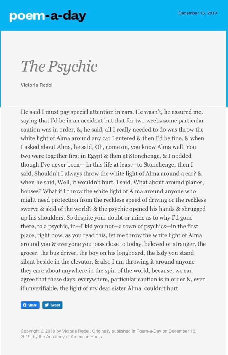 Dustin Brookshire (@dbrookshire) on Twitter photo To all of you traveling today, I wish you the white light of Alma to keep you safe to & from #AWP24.
I keep <a href="/victoria_redel/">Victoria redel</a>’s poem, “The Psychic,” near my heart always. Today, I’m also asking Alma to send her white light of protection to my Jude Paw. To all of you traveling today, I wish you the white light of Alma to keep you safe to & from #AWP24.
I keep <a href="/victoria_redel/">Victoria redel</a>’s poem, “The Psychic,” near my heart always. Today, I’m also asking Alma to send her white light of protection to my Jude Paw.