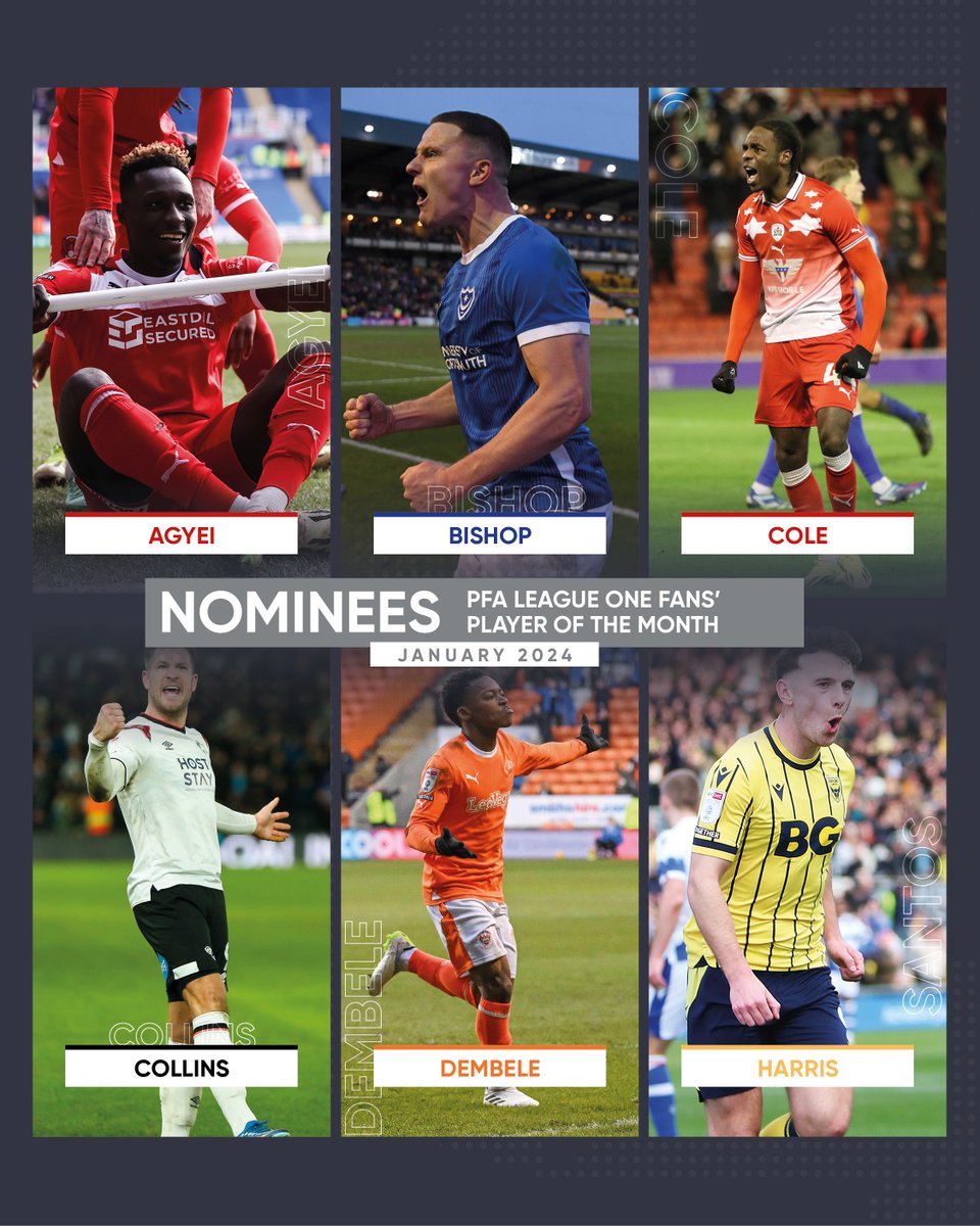 PFA League One Fans' Player of the Month nominees for January 🏆

🔴 <a href="/Dan_Agyei/">Dan Agyei</a> 
🔵 <a href="/ColbyBishop29/">Colby Bishop</a> 
🔴 <a href="/DC44_X/">.</a> 
⚪️ James Collins
🟠 Karamoko Dembélé
🟡 Mark Harris

Vote here 🗳️➡️ thepfa.com/fpotm/league-o…