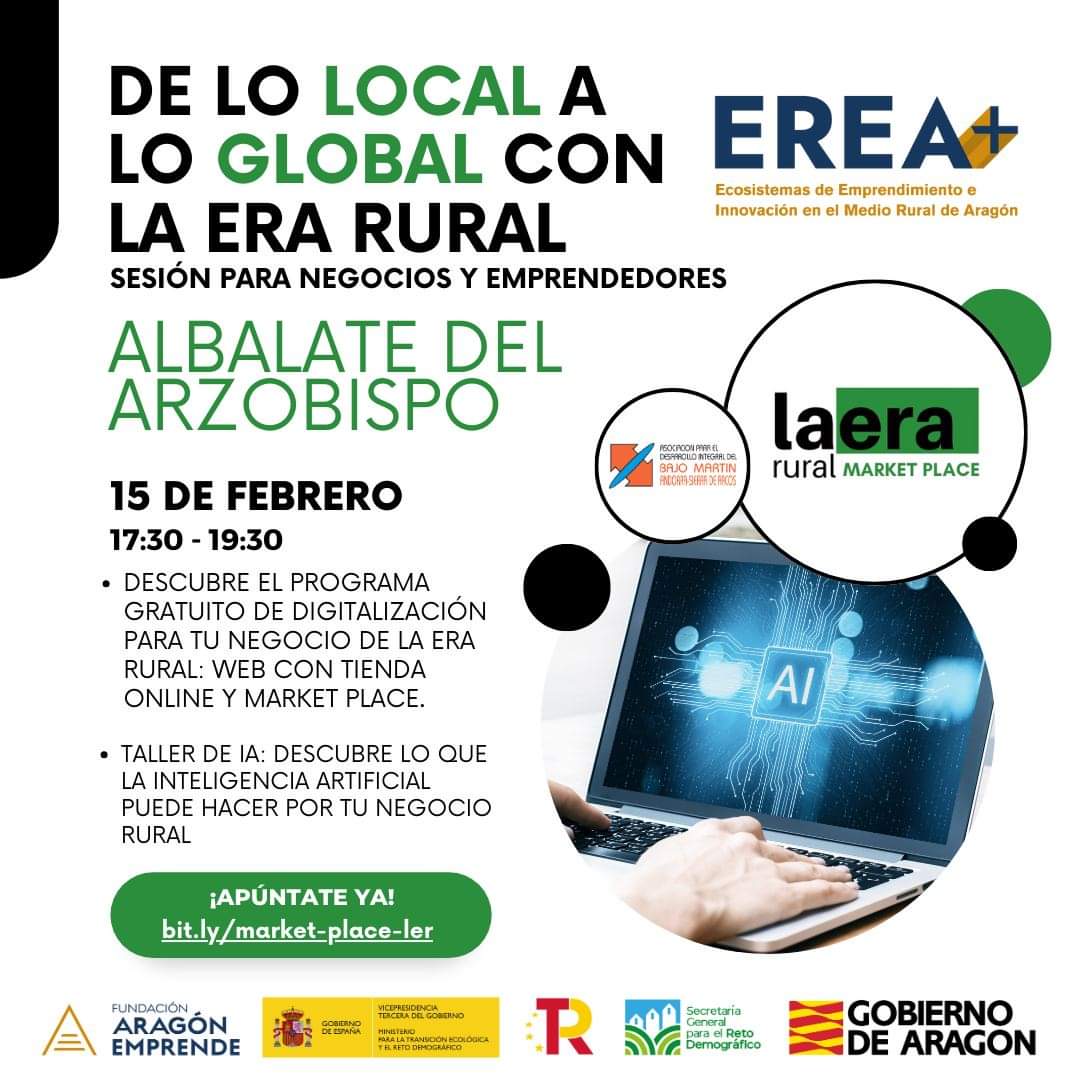 ADIBAMA y La Era Rural el próximo jueves 15 de febrero en #AlbalatedelArzobispo. Si quieres aprender a digitalizar tu negocio y como ayudarte con la inteligencia Artificial. 🧠💡 Te esperamos!!! Pincha este enlace para apuntarte docs.google.com/forms/d/e/1FAI…