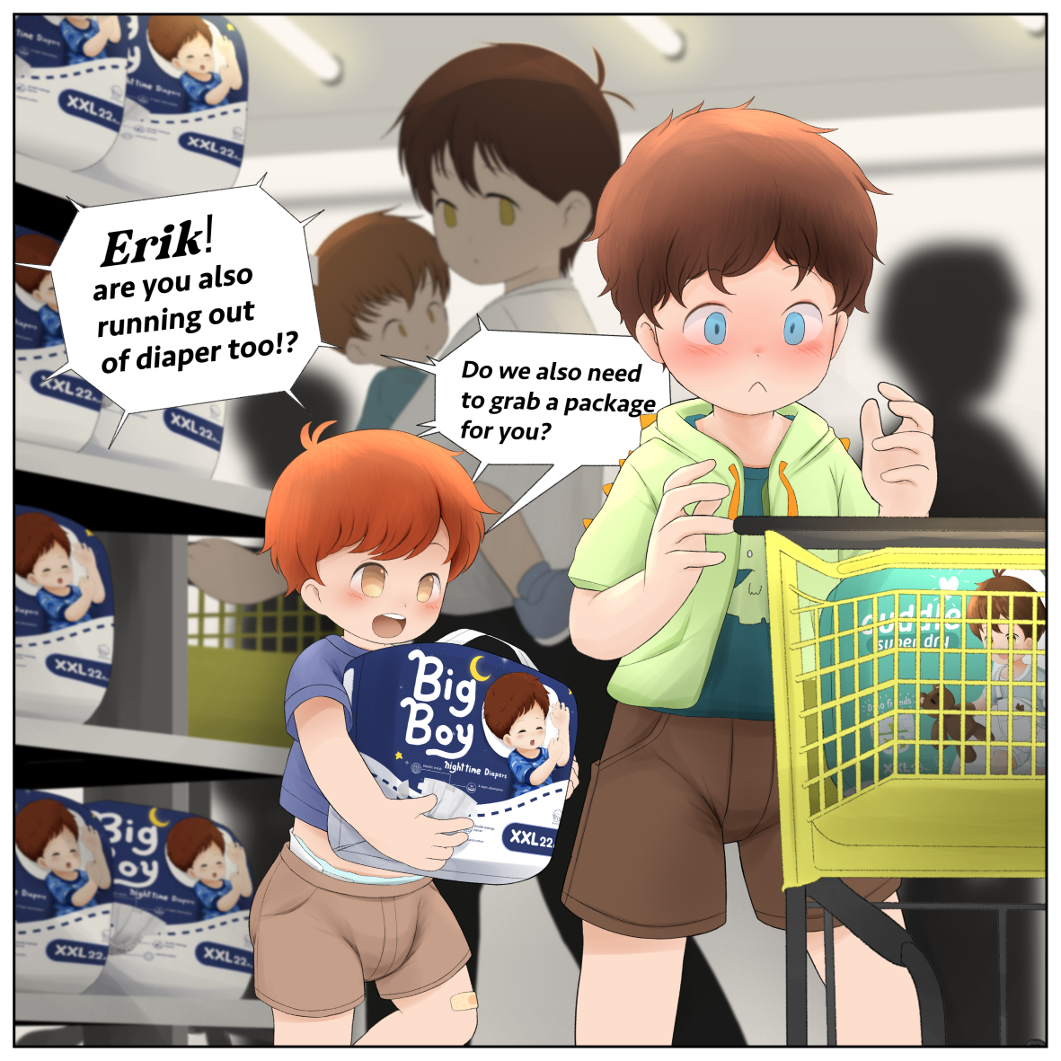 laserbeambkk's tweet photo. Well, Erik may not need as much diapers as Hiro, but if he still make them full all the time, so it was not a bad idea to get more pamps right?

This is commission for @Erik_GhostH and @Lil_rascal_Hiro thanks you guys very much!

and yeah I added 2nd scene as extra he he X3 https://t.co/wPuxPBjKLc